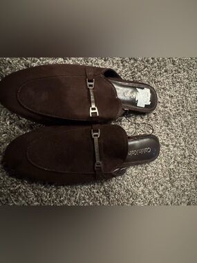 Calvin Klein Dark Brown Suede Slip-On Loafers with Metal Bit